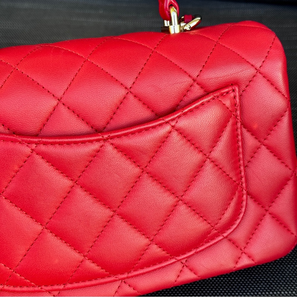 ❤️CHANEL❤️Mini Rectangular Top Handle Red Lambskin Flap Bag LGHW - Picture 4 of 14